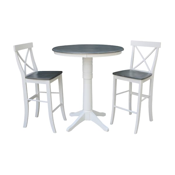 International Concepts Round 36 in Rd Pedestal Bar Ht Table, 2 X-Back Bar Ht Stools, White/Heather Gray, 36 W, 36 L, Wood K05-36RT-27B-S6133-2 - main